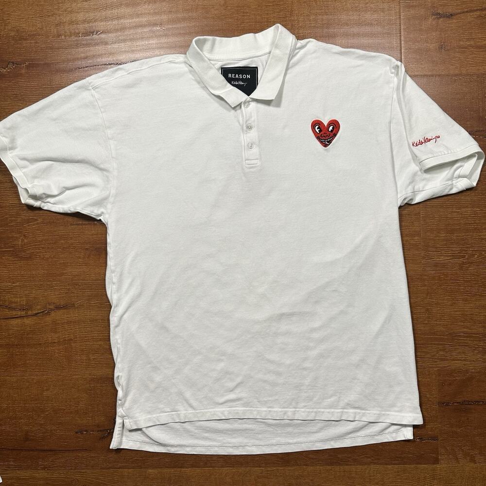 Keith Haring X Reason Polo Shirt Mens XL White Short Sleeve Heart Face Designer